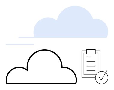 Bulut ve pano işaretli listenin minimalist tasarımı. Bulut hesaplama, veri güvenliği, uyum, görev yönetimi, dijital organizasyon, üretkenlik araçları, soyut çizgi