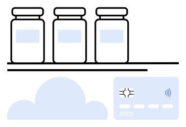 Raftaki ilaç şişeleri, temassız akıllı bir kart ve bulut ikonu modern eczane ödemelerini temsil ediyor. Sağlık, teknoloji, e-ticaret, veri güvenliği, yenilik ve eczane için ideal