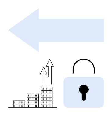 Solu gösteren mavi ok, büyüyen oklarla çizelge, ve kilitlenmiş asma kilit yön, ilerleme ve güvenlik iletir. İş stratejisi, mali büyüme, veri koruması veya soyut çizgi için ideal