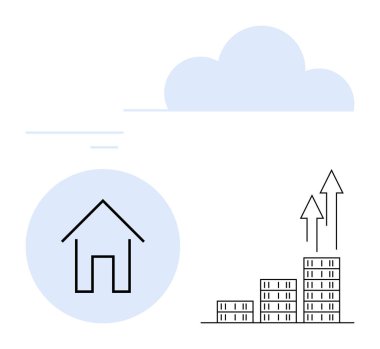 House icon inside circle, bar chart with upward arrows, and cloud outline. Ideal for real estate, market growth, housing trends, investments, property analysis, finance abstract line flat metaphor clipart