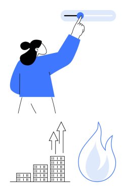 Kadın sürgülü kontrolü optimizasyon için ayarlıyor. Yakınlarda, yukarı doğru ok ve mavi alev ikonu olan bir bar çizelgesi. Enerji tasarrufu, teknoloji, ilerleme, sürdürülebilirlik, verimlilik, kamu hizmetleri için ideal