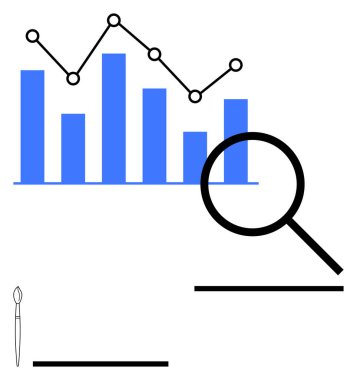 Bir çizgi grafiği ile eşleştirildiğinde istatistiksel büyüme görülür. Büyüteç detaylı analizi vurguluyor. İş, pazarlama, strateji, araştırma, sunum, eğitim, soyut çizgi için ideal
