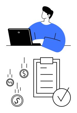 Adam dizüstü bilgisayara odaklanmış, madeni akışı gösteren madeni paralar ve tamamlama tikisiyle kontrol listesi. Finans, üretkenlik, görev yönetimi, serbest çalışma, bütçe, soyut çizgi takibi için ideal