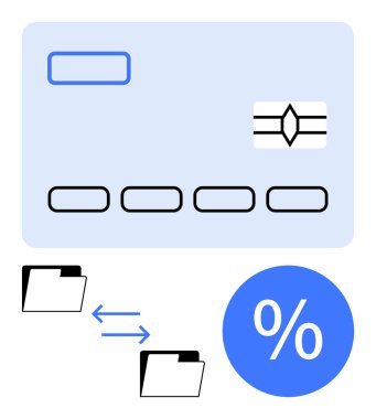 Kredi kartı, veri transferini gösteren oklu iki klasör, yüzde sembolü. Finans, bankacılık, veri yönetimi, faiz oranları, mali işlemler, dijital ödeme fintech için ideal