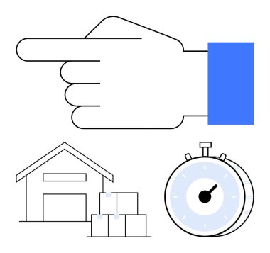 Depoyu ve kronometreyi gösteren el işaretleri hızlı teslimatı, envanter kontrolünü ve tedarik zincirini sembolize ediyor. Lojistik, verimlilik, işlemler, teslim tarihleri, ulaşım, soyut depo için ideal