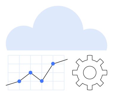 Şebeke haritasının üstünde yükselen bir eğilim çizgisi ve teçhizatı olan bir bulut simgesi. Veri analizi, bulut hizmetleri, iş büyümesi, teknoloji, strateji, optimizasyon, soyut çizgi düz metaforu için ideal