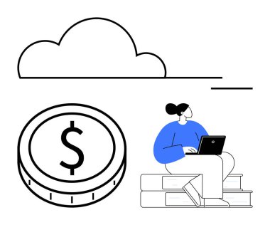 Dizüstü bilgisayar kullanan bir kadın, kitapların yanında oturur, bir bulut ve dolar para sembolü ile. Finans, eğitim, çevrimiçi öğrenim, bulut depolama, serbest çalışma, tasarruf, soyut düz metafor için ideal