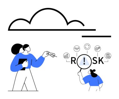 Kadın risk üzerine çalışmalar yapıyor. Grafikleri, uyarıları ve bulut altındaki belgeleri onaylıyor. İş, analiz, finans, güvenlik, strateji, problem çözme soyut çizgisi düz metaforu için ideal