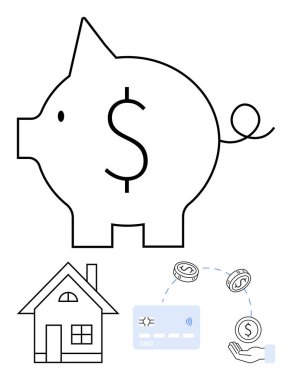 Dolar işareti, ev ikonu, kredi kartı, el ele tutuşan bozuk paralarla dolu domuz kumbarası. Finansal planlama, para biriktirme, yatırım, ev sahipliği bütçesi kişisel finans bankacılığı için idealdir. Çizgi