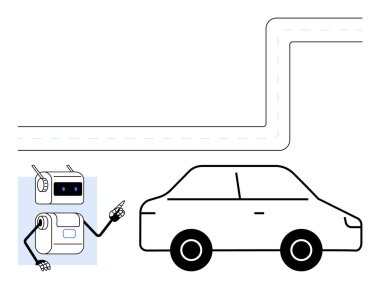 Robot virajlı bir yolda bir arabayı işaret ediyor. Teknoloji, özerklik, robotik, navigasyon, yapay zeka, kendi kendine giden arabalar, geleceğin teknolojisi için idealdir. Satır metaforu