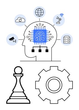 Yapay zeka çipli insan kafası, bulut, lobi ve robot ikonları. Piyon ve teçhizat karar verme ve üretkenliği vurguluyor. Yapay zeka, robot bilimi, IOT, bulut teknolojisi karar verme mekanizması için ideal