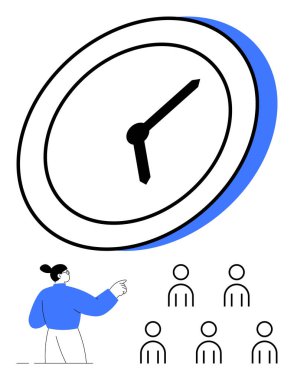 Üzerinde gezinen dev saat zaman yönetimini gösteriyor. Altı kişinin simgesini gösteren kişi. Üretkenlik, takım çalışması, verimlilik, planlama, teslim tarihleri, strateji, organizasyon için ideal. Satır metaforu