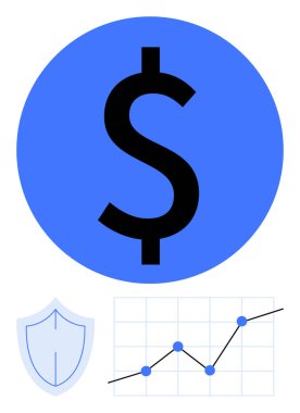 Mavi daireli siyah dolar işareti, yukarı doğru veri noktalı çizgi grafiği ve kalkan simgesi. Finans, yatırım, büyüme, güvenlik, iş stratejisi, tasarruf özeti düz metaforu için ideal