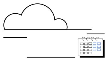 Küçük bir takvimin üstünde asgari bulut tasarımı. Veri depolama, görev planlama, zamanlama, iş akışı, bulut hesaplama, üretkenlik araçları ve soyut çizgi düz metaforu için ideal