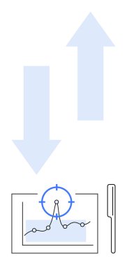 Büyümeyi ve azalmayı gösteren iki ok, veri noktalarıyla odaklanmış grafik ve bir kalem. Veri analizi, karar verme, tahmin, strateji, performans takibi ve soyut planlama için ideal