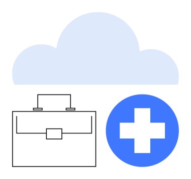 Evrak çantası, mavi tıbbi haç ve iş ve sağlık sektöründe dijital dönüşümü temsil eden büyük bulut ikonu. Bulut hesaplama, sağlık teknolojisi, güvenlik, iş verimliliği ve yenilikler için ideal