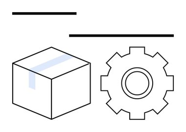 Kutu ve çark lojistik, ambalaj ve otomasyonu temsil ediyor. Tedarik zinciri, yenilik, imalat, işlemler, e-ticaret, üretim hattı düz metafor için ideal
