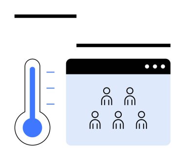 Beş insan simgesi gösteren gösterge panelinin yanında sıcaklık göstergesi olan termometre. Veri analizi, performans izleme, takım çalışması, katılım, sağlık izleme, üretkenlik, soyut