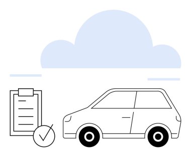Bulut tasarımı altında kene izi olan bir araç var. Araç denetimleri, araba kiralama, sigorta, ulaşım süreçleri, çevresel sürdürülebilirlik, bulut