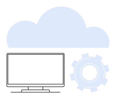 Bir bulutun altındaki bilgisayar monitörü ve teçhizat bulut hesaplama, veri depolama ve dijital entegrasyonu simgeler. Teknoloji, bilişim hizmetleri, bulut çözümleri, yazılım geliştirme, dijital için ideal
