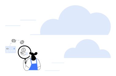 Elinde büyüteç tutan kadın mali belgeleri inceliyor. Arkaplanda iki büyük bulut var. Finans, veri analizi, teknoloji, bulut hesaplama, bilgi güvenliği ve dijital için ideal