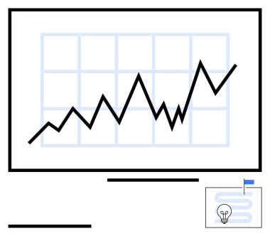Siyah çizgi grafiği, bir ampul ve bayrak ikonu eşliğinde bir ızgara çizelgesinde yukarı doğru yükseliyor. Ticari büyüme, başarı, veri analizi, yenilik, ilerleme izleme ve girişimcilik için ideal