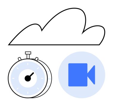 Kronometre, bulut çizgisi ve zaman verimliliğini, medya depolamasını ve dijital organizasyonu vurgulayan video kamera sembolü. Bulut hizmetleri, zaman tasarrufu, teknolojik yenilik, canlı yayın için ideal