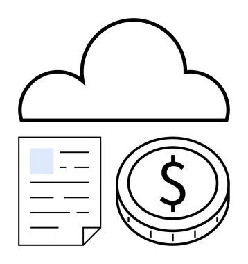 Finansal belge ve para üstü bulut çevrimiçi belge yönetimini, finansal güvenliği ve dijital ödemeleri temsil ediyor. Finans, bulut hesaplama, fintech, güvenli veri, uzak