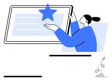 Tablet ekranında mavi bir yıldız sunan kişi başarıyı, reytingleri ya da geri bildirimi simgeliyor. Tanınmak için ideal, başarı, değerlendirmeler, kalite, ödüllendirme müşteri deneyimi soyut düz çizgi