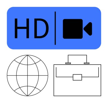 Küre ve evrak çantalı mavi bir arkaplanda HD video simgesi. Küresel bağlantı, iş toplantıları, video konferansı, dijital çözümler, üretkenlik, medya, soyut çizgi düz metaforu için ideal