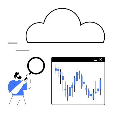 Adamın elinde bir grafiğin yanında büyüteç var. Borsa eğilimleri ve bulut ikonu dalgalanması var. Veri analizi, bulut hesaplama, finans, teknoloji, yatırım, iş büyümesi, pazar için ideal