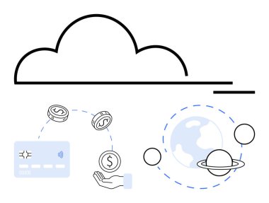 Teknolojiyi, sikkeleri ve dijital finansı temsil eden kredi kartını temsil eden bulut sembolü. Küresel bağlantı için elde para, küre ve gezegenler alınıyor. Teknoloji, finans ve dijital için ideal