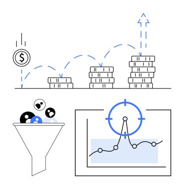 Para satış bacasına düşüyor, yığınla bozuk para büyüyor, hedef odaklı analitik çizelge. İş, finans, yatırımlar, pazarlama, strateji, optimizasyon soyut çizgisi düz metafor için ideal