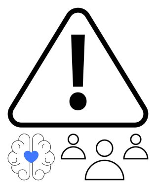 Triangle caution icon with exclamation mark, brain with a heart symbol, and people icons. Ideal for emotional intelligence, mental health, collaboration, teamwork, alertness, human-centered design clipart