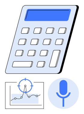 Calculator with blue digital screen, analytics chart with target, and microphone icon. Ideal for finances, data analysis, technology, communication, business tools, innovation abstract line flat clipart