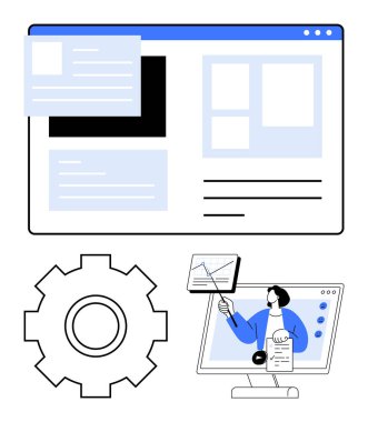 Kutular ve metin içeren web sayfası düzeni, ayarlar için dişli, ekranda veri açıklayan eğitmen. Web tasarımı için ideal, UIUX, e-öğrenim, üretkenlik, yazılım geliştirme, dijital pazarlama soyut