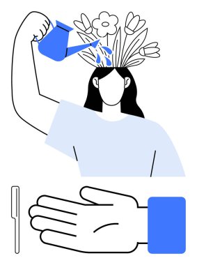 Kafasından çiçekler çıkan bir kadın, onları bir teneke kutuyla suluyor. Kişisel gelişim, kişisel bakım, zihinsel sağlık, beslenme, yaratıcılık, farkındalık sunma konuları. Satır metaforu