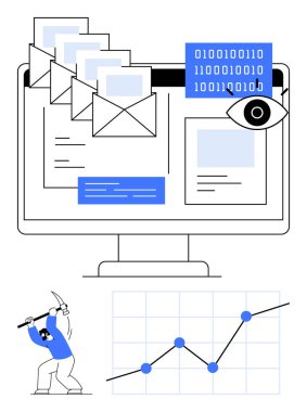 E-posta, göz, ikili kod, piksel sanat hacker madenciliği ve büyüme grafiği olan bir monitör. Siber güvenlik, veri gizliliği, hackleme, izleme e-posta yönetim veri trendleri için ideal soyut çizgi