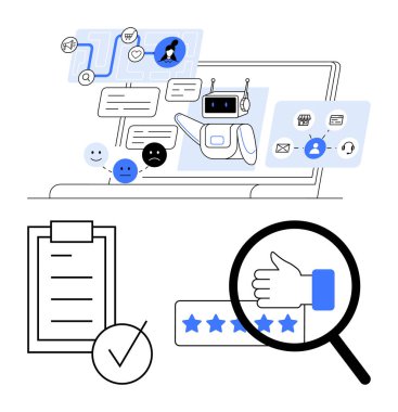 Robot sohbet robotu kullanıcılarla etkileşime girer, geri bildirimleri mutlu ve hüzünlü duygularla analiz eder. Derecelendirme yıldızları, kontrol listesi, baş parmağındaki büyüteç dahil. Otomasyon, geri bildirim, müşteri için ideal