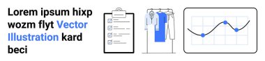 Metin ve simgeler arasında pano kontrol listesi, tişörtlü giyim rafı ve yükselen eğilimli veri tablosu da var. İş stratejisi, veri analizi, perakende, envanter yönetimi ve pazarlama için ideal