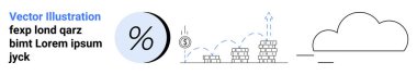 Yükselen oklu bozuk para yığınlarının yanında yüzde işareti finansal büyüme ve başarıyı temsil ediyor. Bulut simgesi modern dokunuş ekler. İş sunumları, mali raporlar, ekonomik tahminler için ideal