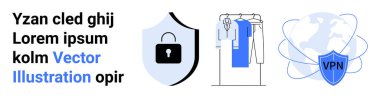 Güvenlik kalkanına kilit vurun, giysi askıda ve VPN kalkanı dünya haritasında veri koruması, gizlilik ve çevrimiçi güvenliği sembolize ediyor. Siber güvenlik, e-ticaret, moda teknolojisi ve online mahremiyet için ideal.