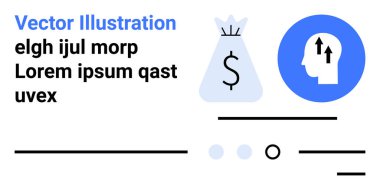 Dolar işaretli para çantası, yukarı doğru oklu baş silueti. Finansal büyüme, yatırım stratejileri, ticari başarı, ekonomik ilerleme, zenginlik yönetimi, stratejik planlama için ideal
