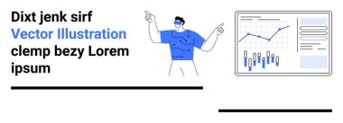 Profesyonel iş adamı, analitik veri tablosuna çubuk ve çizgi grafikleriyle işaret ediyor. Metin elemanı Dixt jenk sirf vektör illüstrasyon clemp bezy Lorem ipsum in black and blue. Veri analizi için ideal