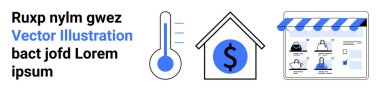 Sıcaklığı gösteren termometre dolar işaretli ev sembolü ürün listeleri ve tenteleri olan pazar yeri. E-ticaret, emlak, perakende, yatırım, hava durumu izleme için ideal