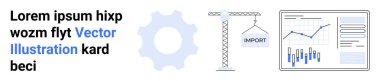 Vites, ithalat işareti olan vinç ve artan grafik ve belge içeren iş grafiği. İş, teknoloji, veri analizi, ithalat, ilerleme, inşaat, bilgi grafikleri için ideal. İniş sayfası