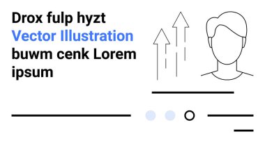 Soyut insan taslağı, yukarı doğru üç ok ve mavi ve siyah metin blokları. Büyümeyi, modern tasarımı ve basitliği vurgular. Sunumlar, iş dünyası, teknoloji ve eğitim temaları için ideal