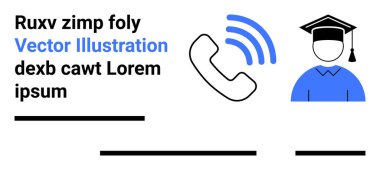 Radyo dalgaları yayan bir ikon ve iletişim ve eğitimi resmeden bir mezuniyet şapkası. E-öğrenim, uzaktan eğitim, müşteri desteği, mezuniyet, yardım hatları, akademik rehberlik, özel dersler için idealdir. İniş