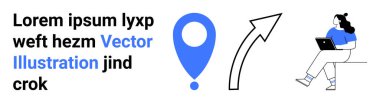 Metin bloğu, mavi lokasyon pimi, yukarı doğru ok, dizüstü bilgisayarı olan biri. Teknoloji siteleri, navigasyon uygulamaları, kullanıcı rehberleri, dijital öğrenme, pazarlama, web tasarımı, bloglar için ideal. İniş sayfası