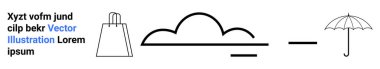 Alışveriş torbası, bulut ve şemsiye siyah çizgilerle, dağınık metnin yanında. Minimalist tasarım, ekommerce, hava uygulamaları, grafik tasarımı, sunumlar ve pazarlama için ideal